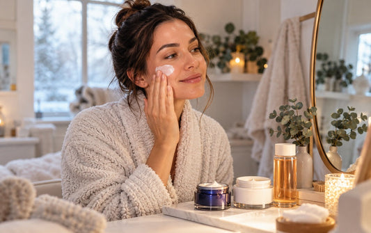 Woman applying moisturiser during a simple winter skincare routine in a cosy bathroom