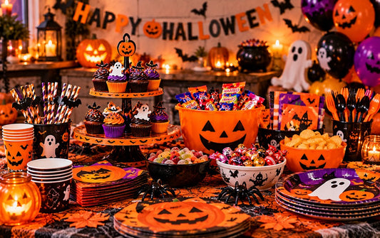 Illustrative Halloween party table with pumpkins, cupcake display, sweets, party cups and spooky decorations