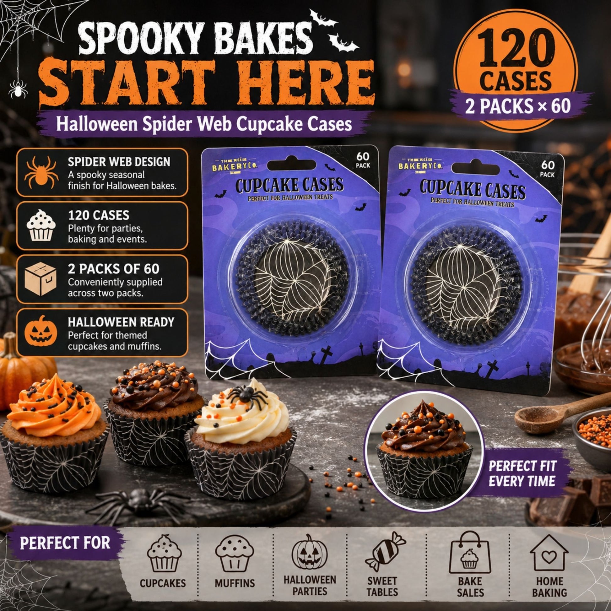 Halloween cupcake cases with spider web design