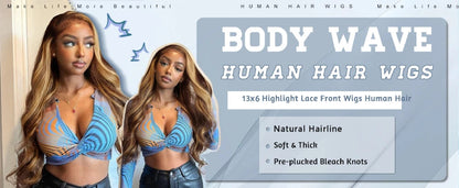 P4/27 highlight wig 13x4 lace front body wave 180 density long hair