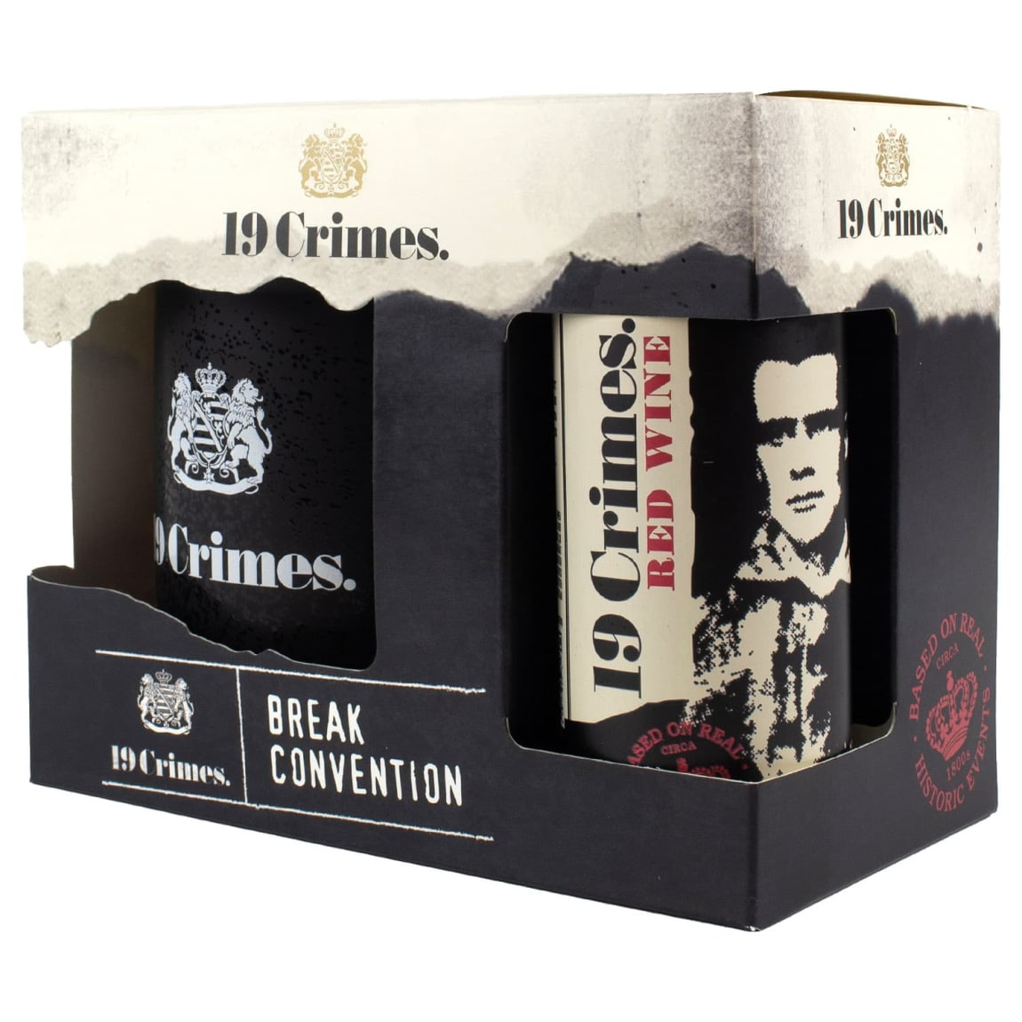 Unique 19 Crimes wine gift set featuring mini wine can and ceramic mug