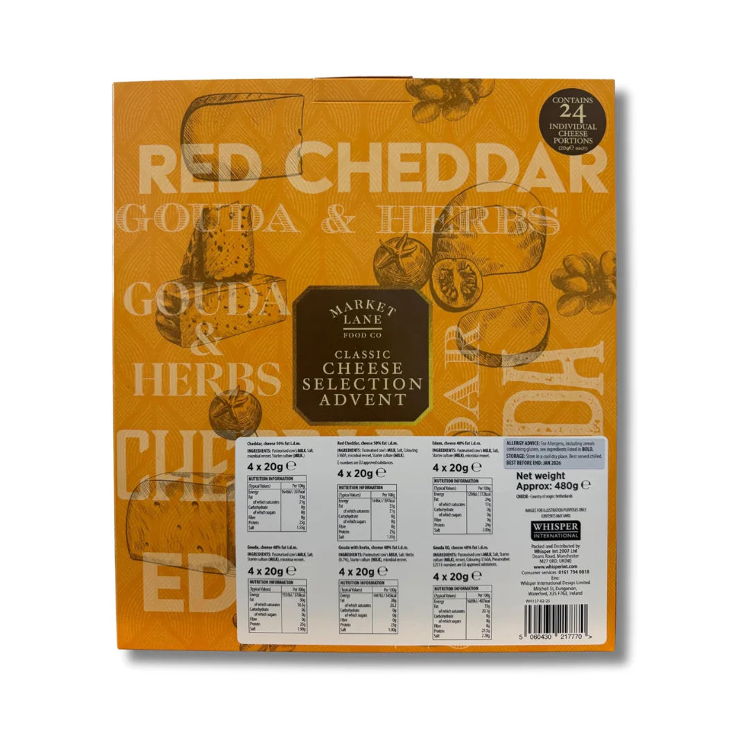 Cheddar, Edam, and Gouda cheese pieces in a festive advent calendar