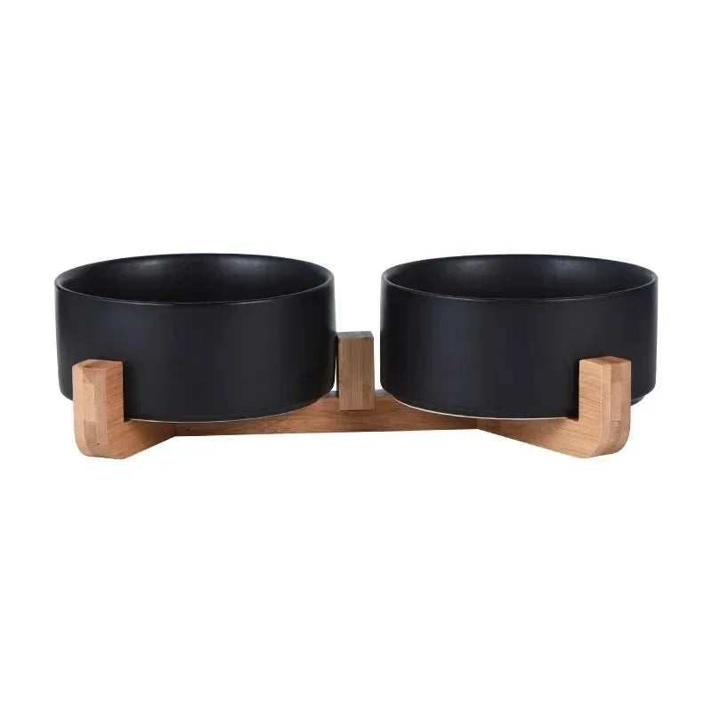 Ceramic pet bowl wood stand close up detail material quality
