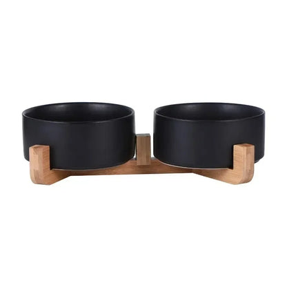 Ceramic pet bowl wood stand close up detail material quality