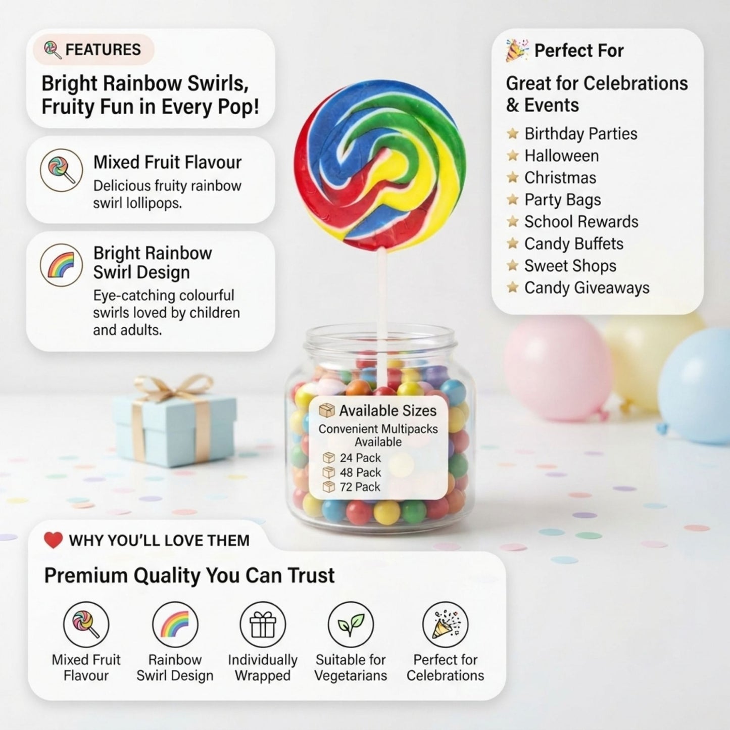 Rainbow swirl fruit flavoured lollipops