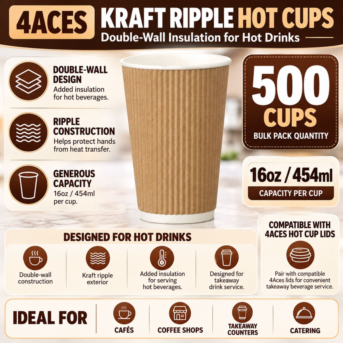 Bulk pack of 4Aces double-wall kraft paper cups