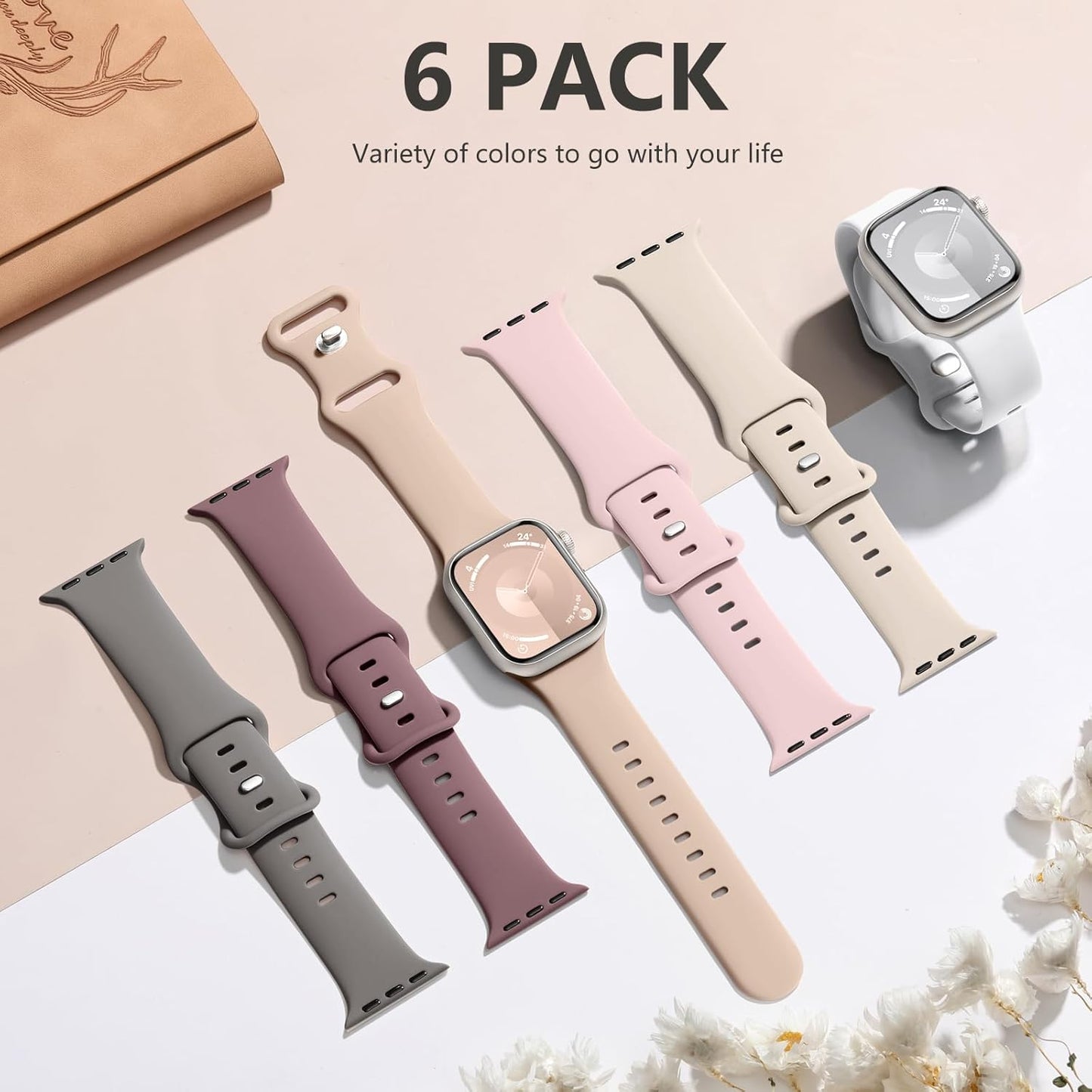 6 Pack Sport Straps Compatible with Apple Watch 38mm 40mm 41mm 42mm 44mm 45mm 46mm 49mm – Soft Silicone Replacement Bands for Women & Men