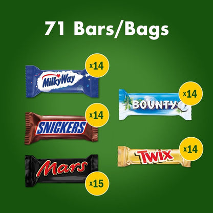 71 assorted fun size chocolate bars in a 1.4kg bulk pack ideal for sharing and snacking.