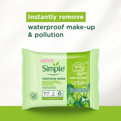Simple Kind to Skin Biodegradable Cleansing Wipes - 6 Packs of 25 | Removes Waterproof Eye Makeup | Gentle for Sensitive Skin