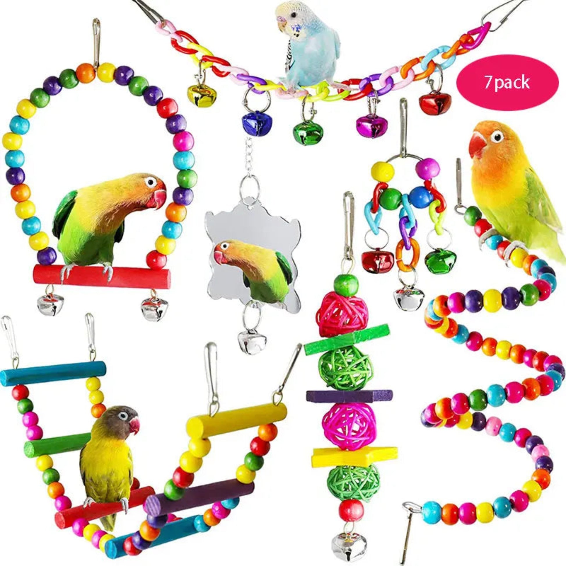 7PCS wooden parrot bird toy set for cages
