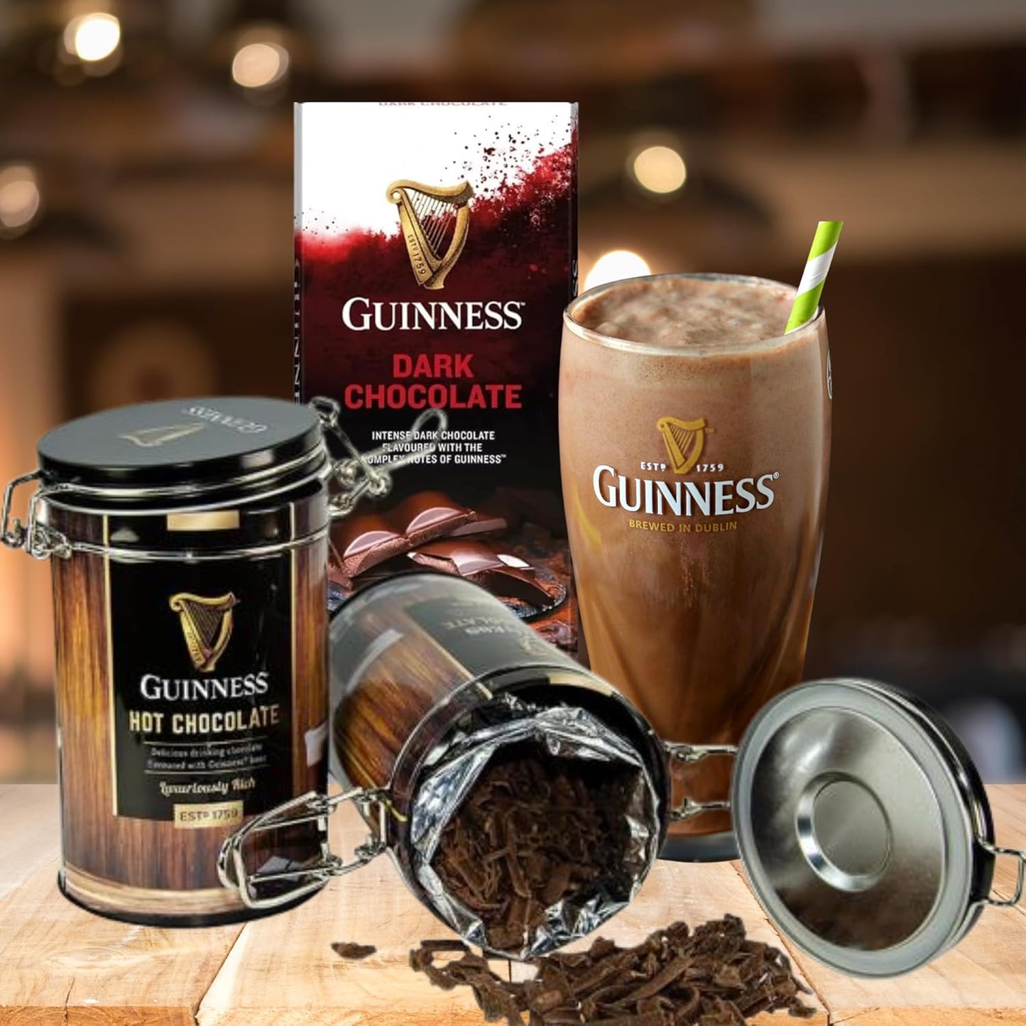 Guinness Hot Chocolate Drink Tin & Dark Chocolate Bar Gift Set with Card – Perfect Treats for Women & Men, Ideal Pairing with Biscuits, Bread, or Cookies