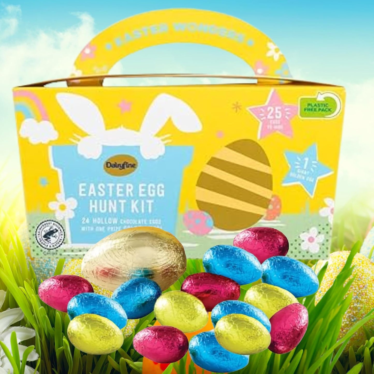 Easter Gifts for Kids Egg Hunt Kit – 340g Chocolate Sweets Box with 24 Assorted Mini Eggs, 1 Hollow Egg & Cards – Perfect for Boys & Girls, Easter Hamper, Snacks, Treats & Birthday Gift Box