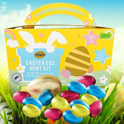 Easter Gifts for Kids Egg Hunt Kit – 340g Chocolate Sweets Box with 24 Assorted Mini Eggs, 1 Hollow Egg & Cards – Perfect for Boys & Girls, Easter Hamper, Snacks, Treats & Birthday Gift Box
