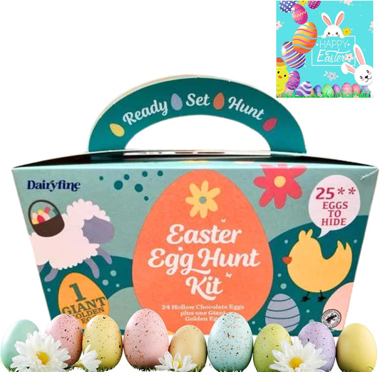 Easter Gifts for Kids Egg Hunt Chocolate Sweets Box 340g - 24 Assorted Mini Eggs & Hollow Eggs, Cards Included - Perfect Easter Chocolate Hamper for Boys & Girls, Snacks & Treats Box for Birthdays and Celebrations