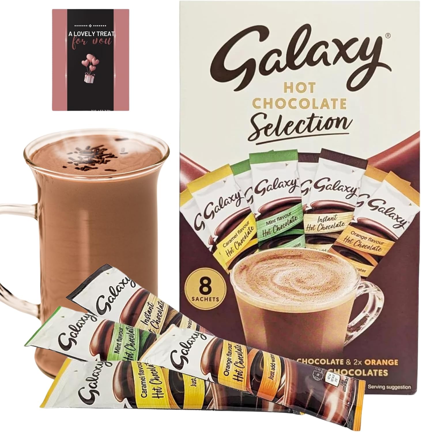 Galaxy Hot Chocolate Multipack Powder Sachets – 8 x 25g Caramel, Mint, Orange & Classic Chocolate with Card – Winter Hot Chocolate Gift Set for Christmas, Birthday & Cozy Nights