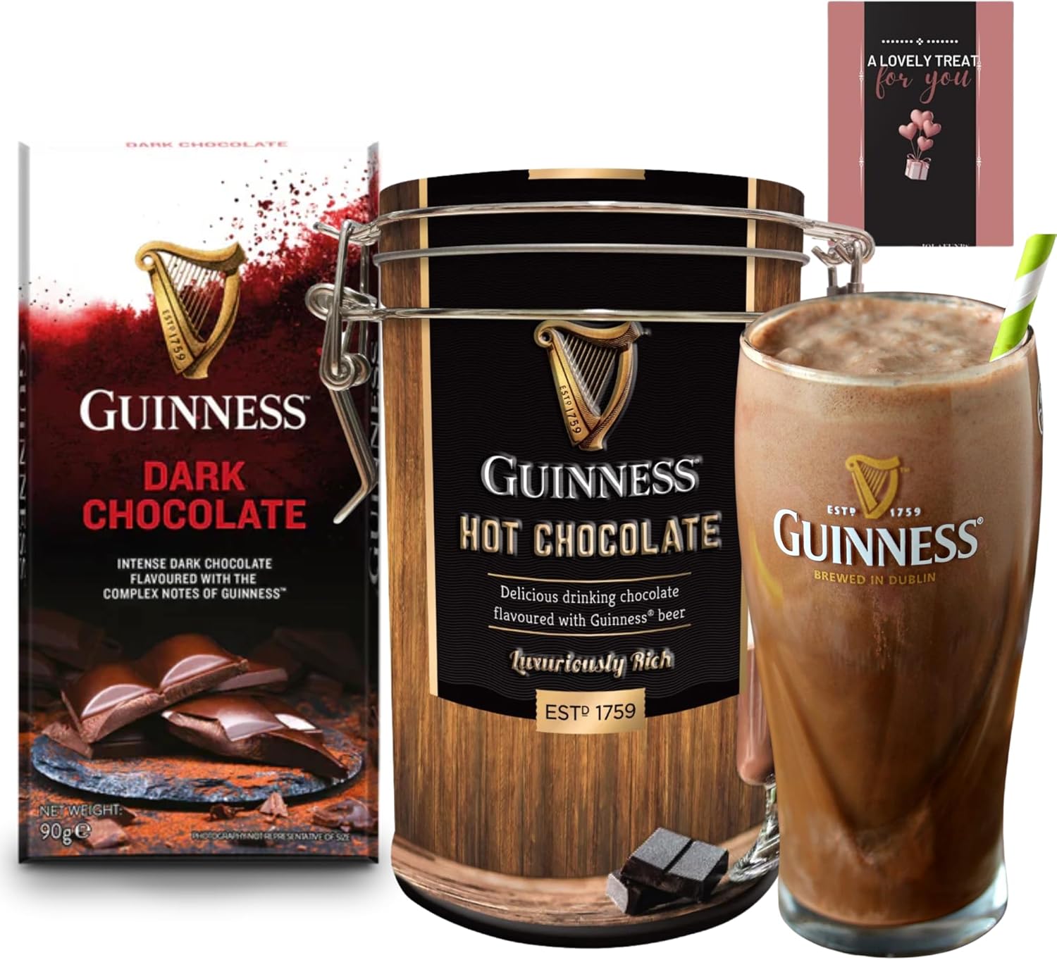 Guinness Hot Chocolate Drink Tin & Dark Chocolate Bar Gift Set with Card – Perfect Treats for Women & Men, Ideal Pairing with Biscuits, Bread, or Cookies