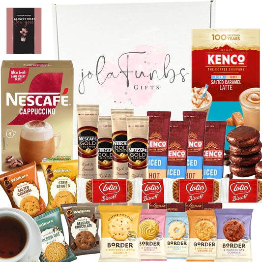 Coffee gift set hamper with 33 assorted snacks, instant coffee, biscuits, and chocolate for women and men – ideal birthday or Easter gift