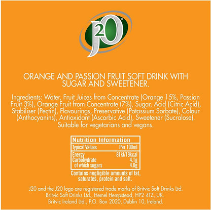 Fruity orange and passion fruit juice drink from J2O