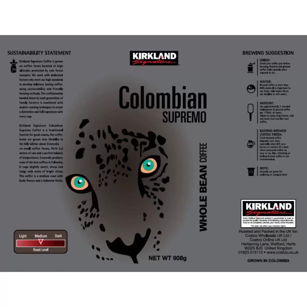 Kirkland Signature Colombian Supremo Whole Bean Coffee, 908g