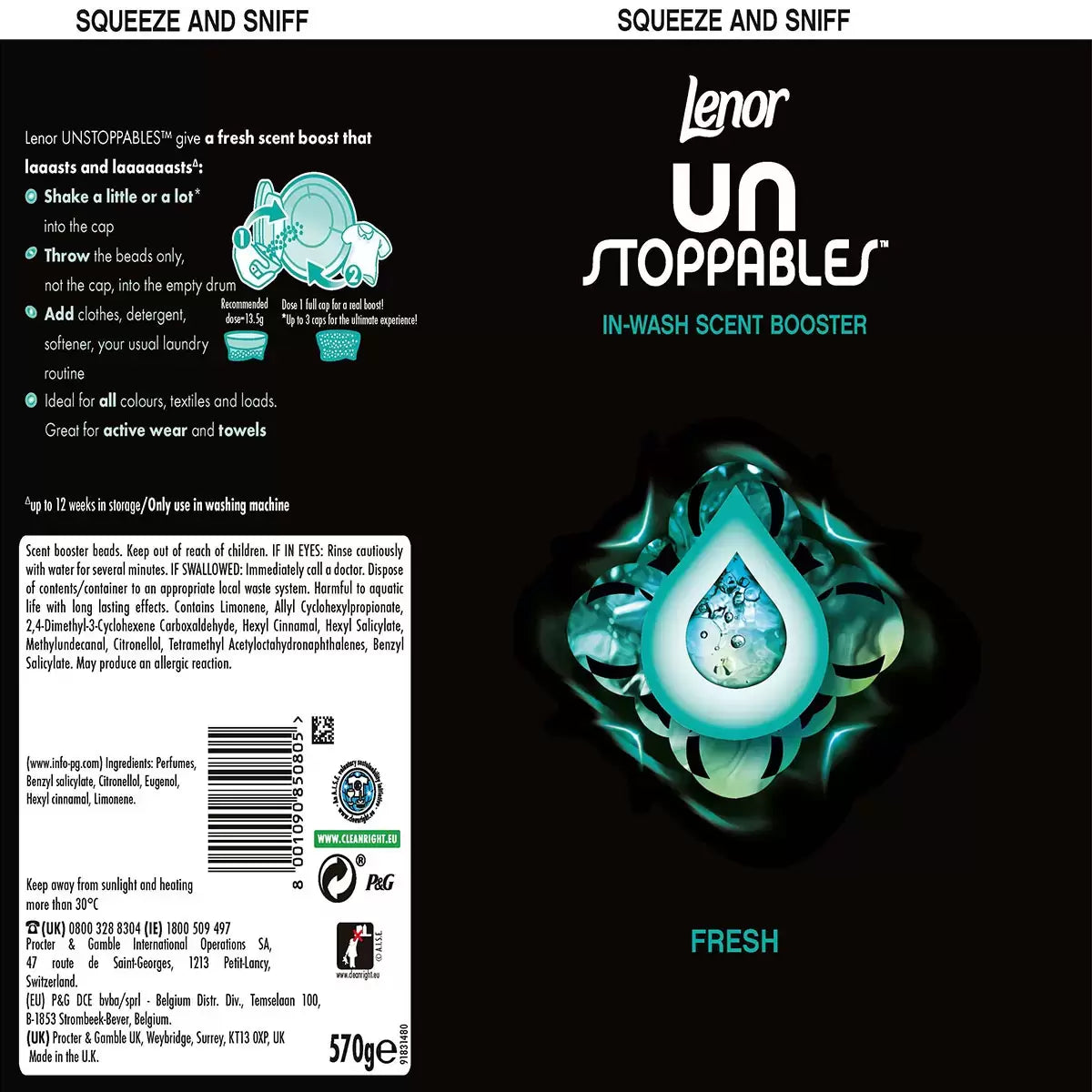 Lenor Unstoppables In-Wash Scent Booster, 570g label