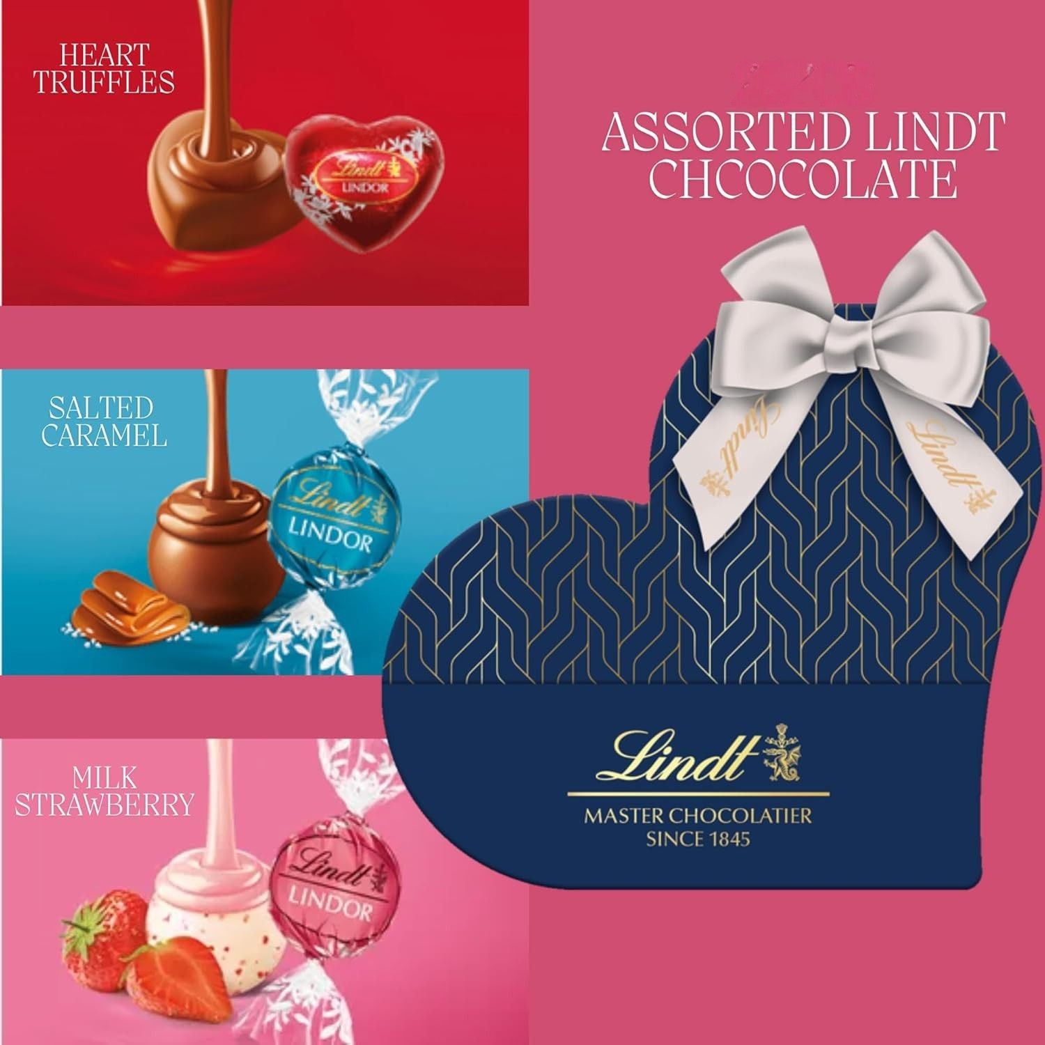 Lindt assorted chocolate heart truffle, salted caramel and milk strawberry
