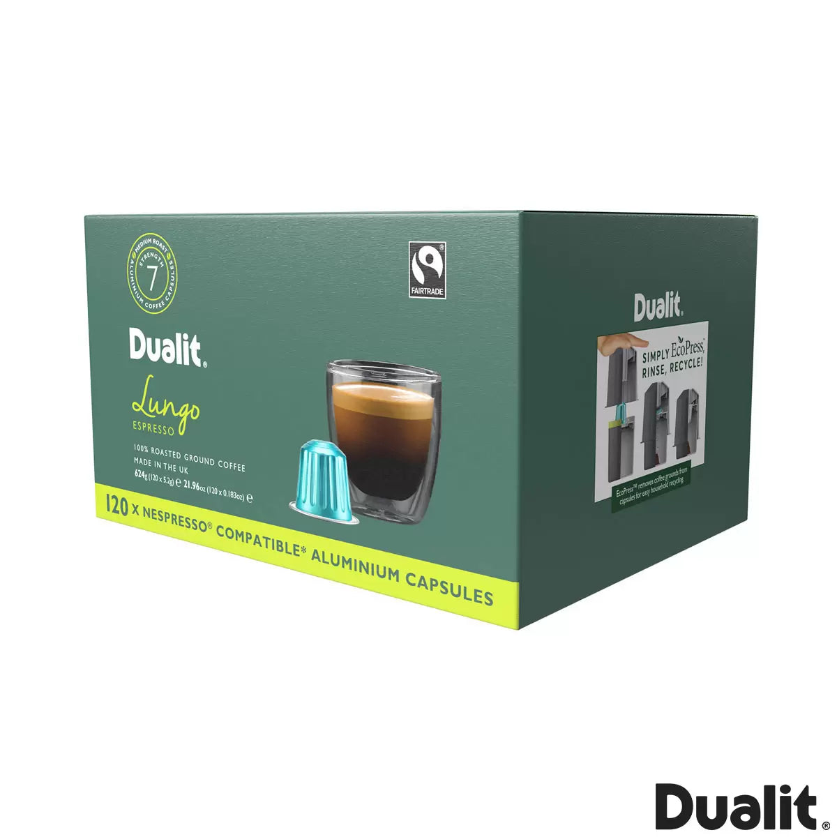 Box of Dualit Lungo Espresso coffee capsules on a white background