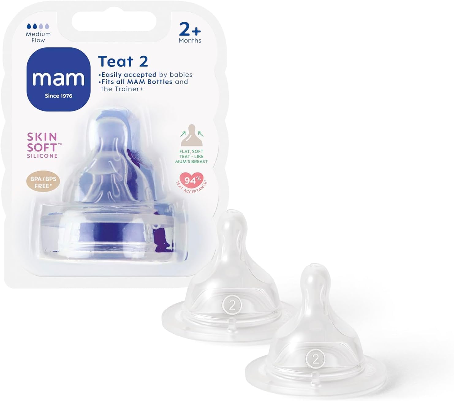 MAM Size 2 Teats Medium Flow 2-Pack for Babies 2+ Months - Fits All MAM Bottles