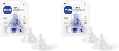 MAM Teats Size 2 Medium Flow for 2+ Months - Pack of 4 SkinSoft Silicone Baby Bottle Teats