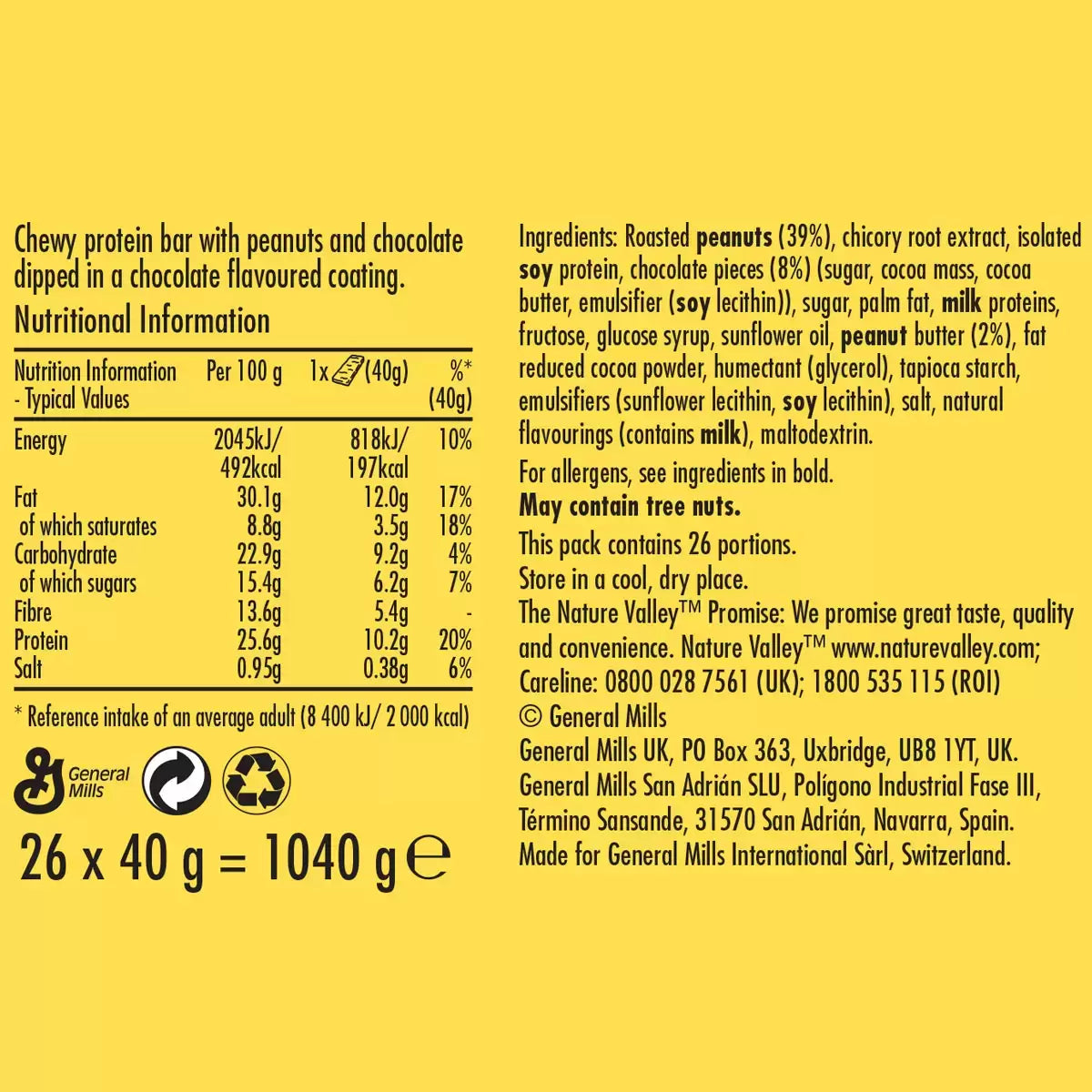 Nature Valley Protein Bar Peanut & Chocolate, 26 x 40g nutritional information