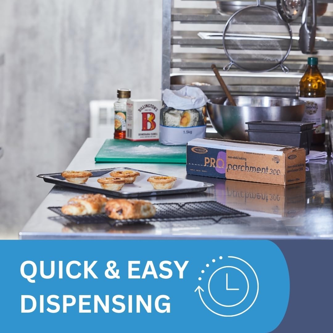 PROWRAP Parchment Paper Packaging – 300mm x 50m roll for convenient storage. Discover the difference between baking paper and parchment paper.