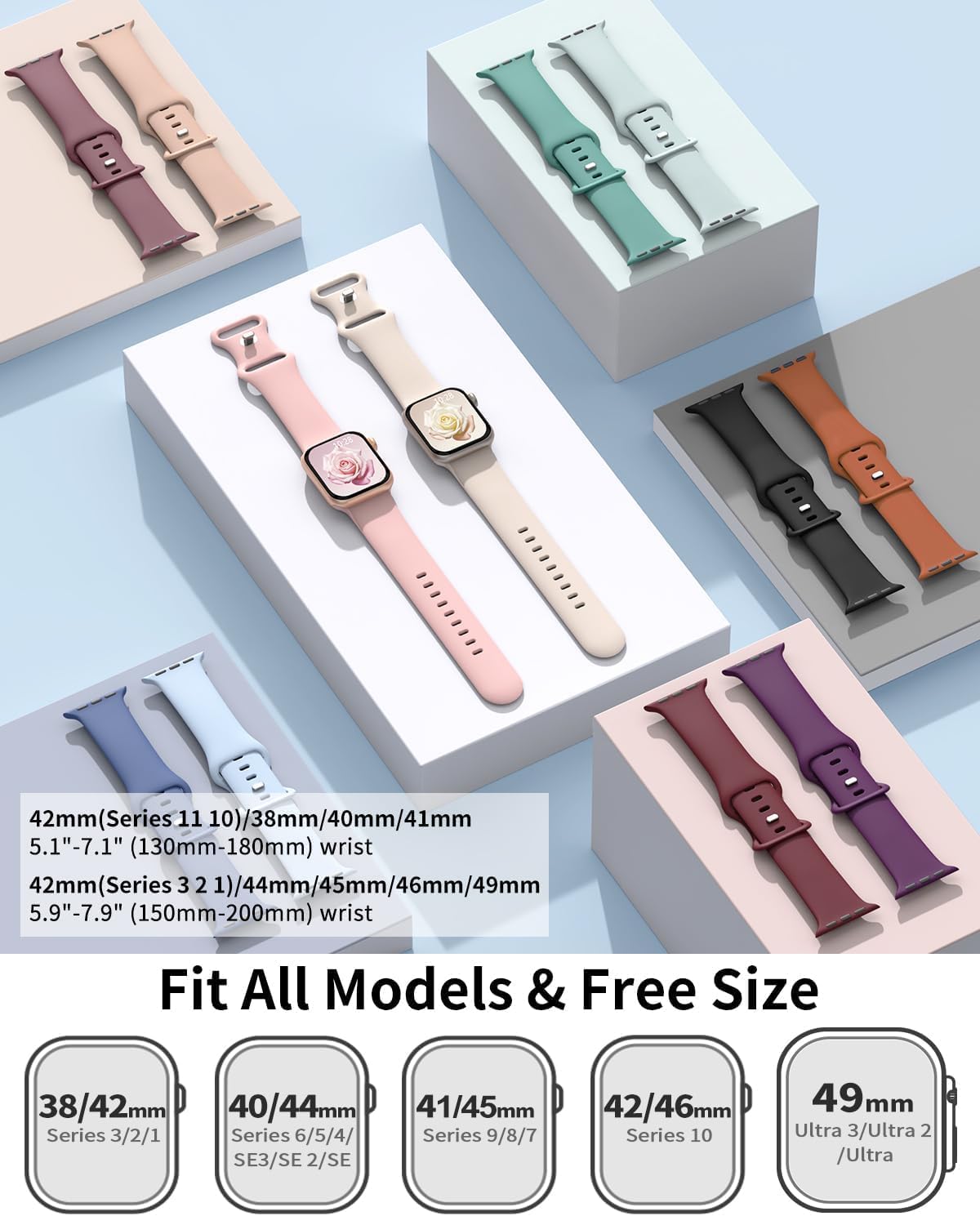 Patented Upgraded Silicone Strap Compatible with Apple Watch 38mm 40mm 41mm 42mm 45mm 46mm 49mm – Soft Breathable Sport Band for Women & Men
