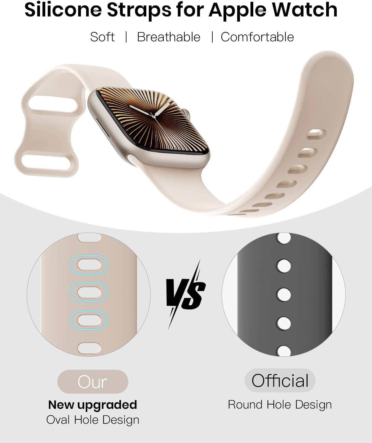 Patented Upgraded Silicone Strap Compatible with Apple Watch 38mm 40mm 41mm 42mm 45mm 46mm 49mm – Soft Breathable Sport Band for Women & Men