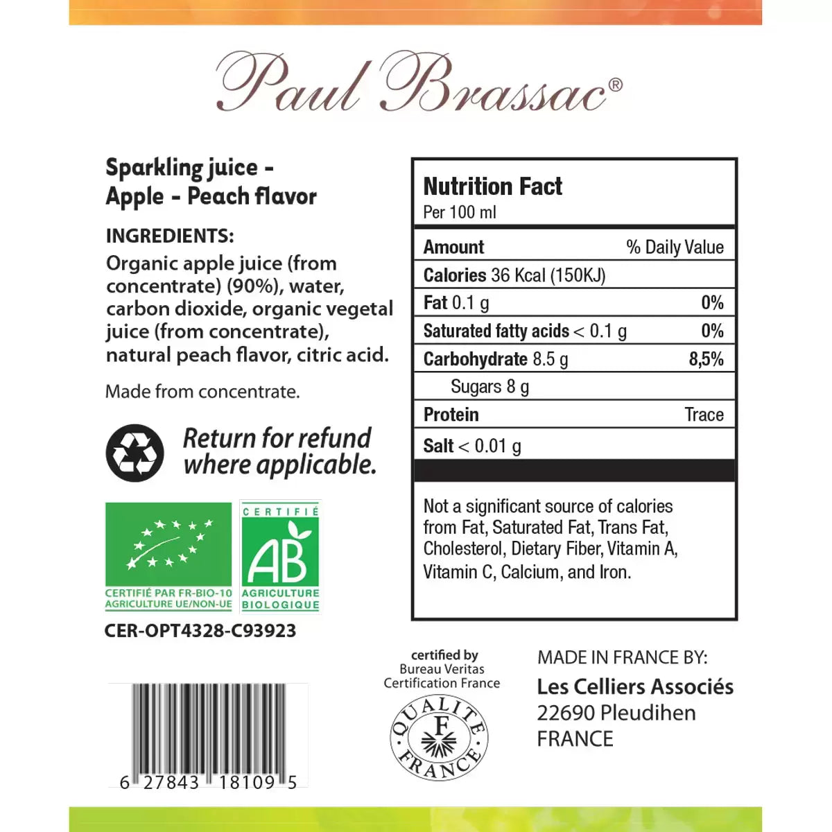 Paul Brassac Organic Sparkling Fruit Juice, 3 x 750ml back 2