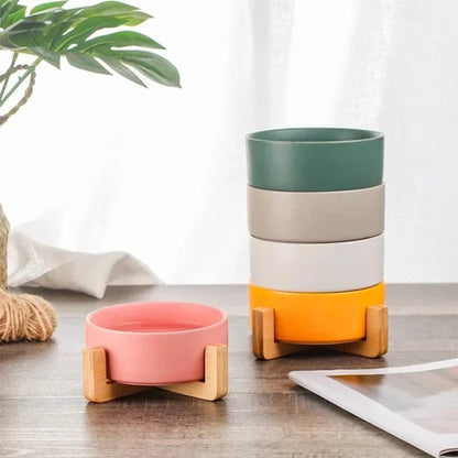 Elevated ceramic dog bowl raised wood stand mess free feeding