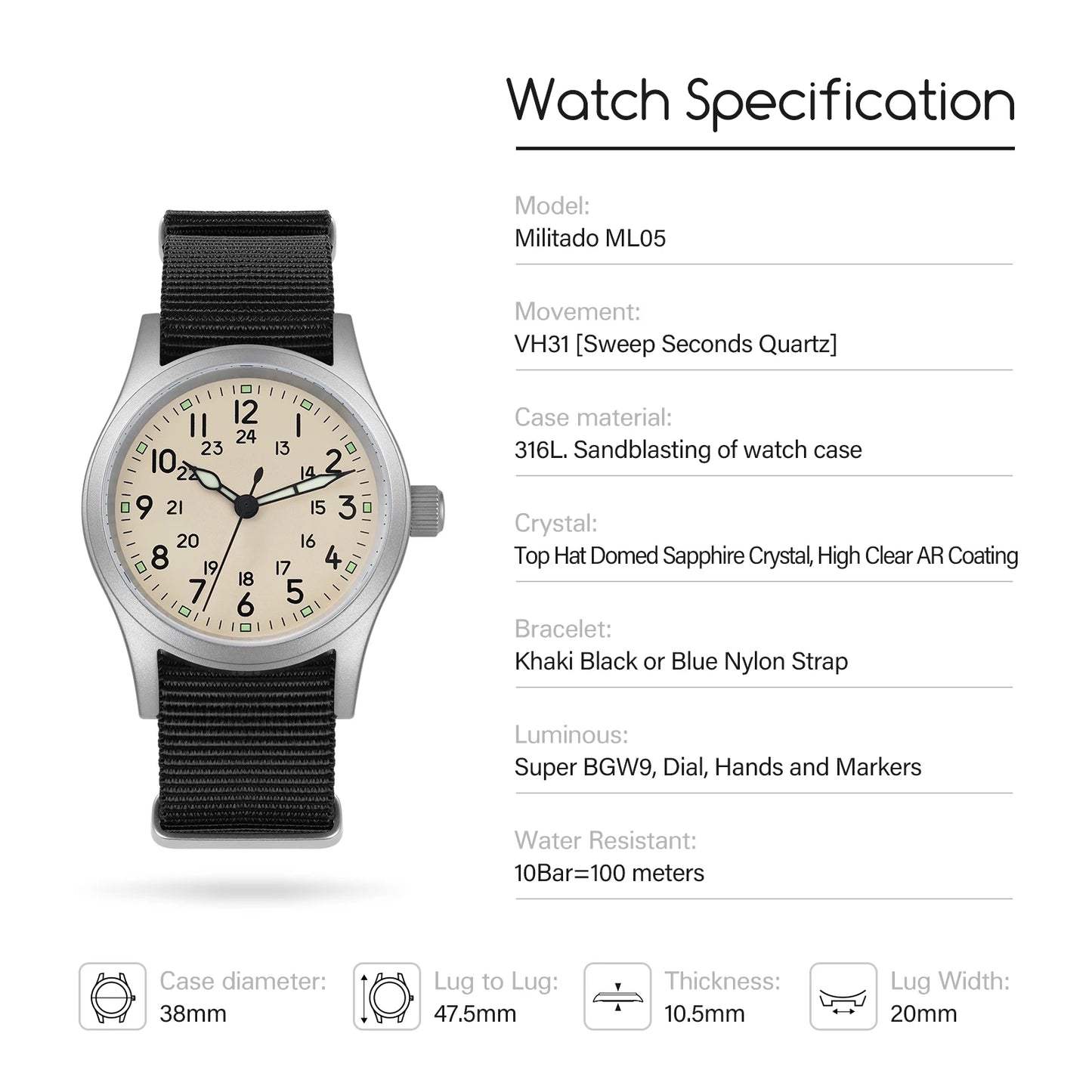 Militado ML05 Military Watch 38mm Sapphire Quartz
