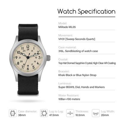 Militado ML05 Military Watch 38mm Sapphire Quartz