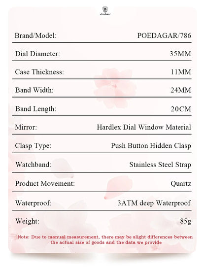 Poedagar Women's Elegant Quartz Watch 35mm Stainless Steel
