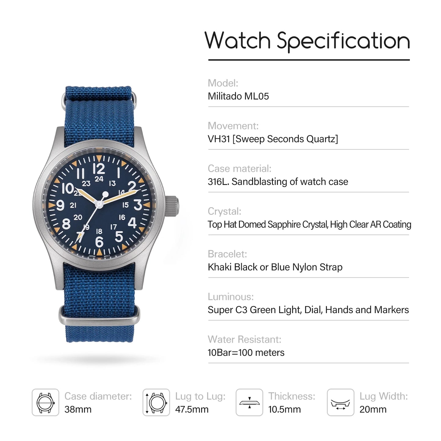 Militado ML05 Military Watch 38mm Sapphire Quartz