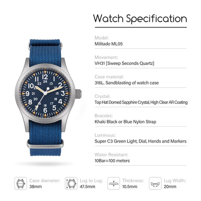 Militado ML05 Military Watch 38mm Sapphire Quartz