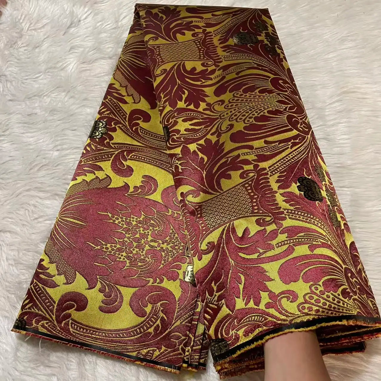 Nigerian lace fabric yellow red 5 yards Aso Obi headtie