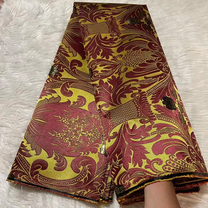Nigerian lace fabric yellow red 5 yards Aso Obi headtie