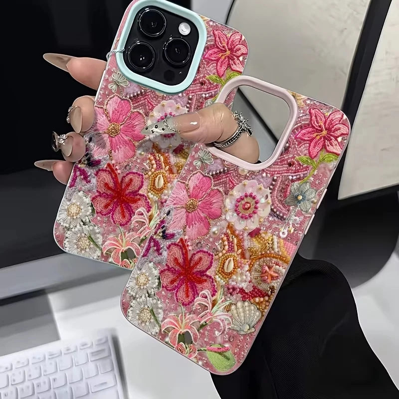 Floral Beaded Phone Case iPhone 11–17 Pro Max Cover