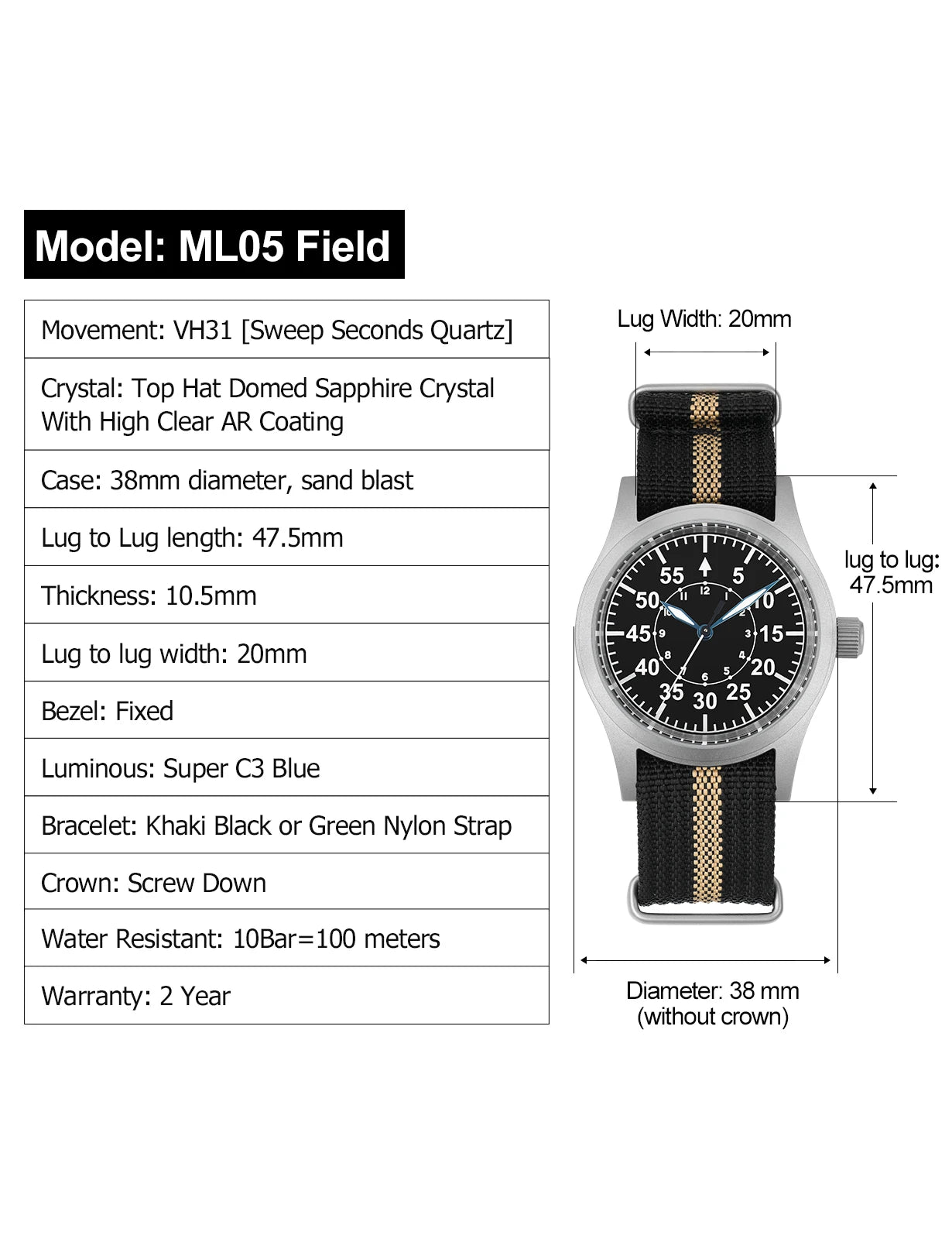Militado ML05 Military Watch 38mm Sapphire Quartz