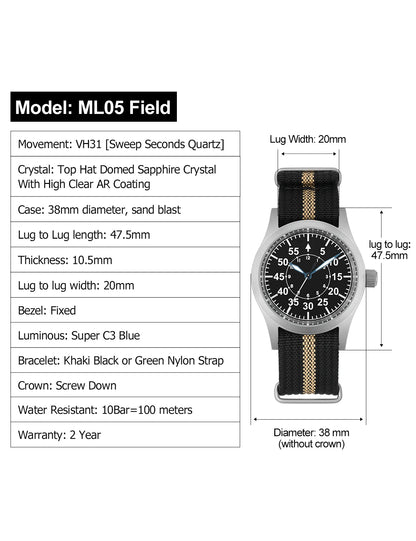 Militado ML05 Military Watch 38mm Sapphire Quartz