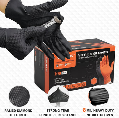 Heavy duty 8mil nitrile gloves disposable latex free black orange
