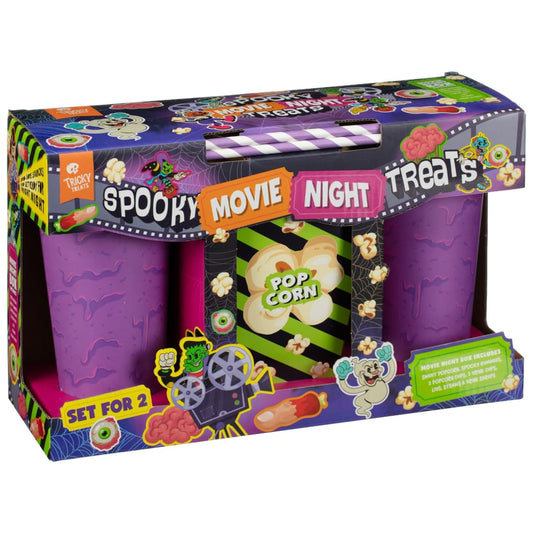 Spooky Movie Night Treats Set 220g with popcorn, drinks, and sweets