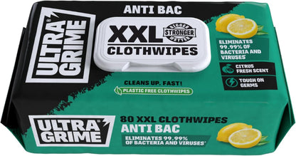 UltraGrime Antibac Wipes Packaging - 80 Large, Thick Wipes for Antibacterial Cleaning