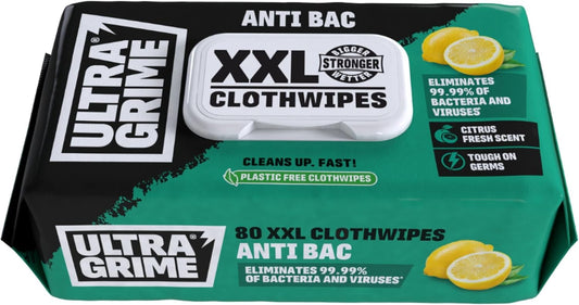 UltraGrime Antibac Wipes Packaging - 80 Large, Thick Wipes for Antibacterial Cleaning