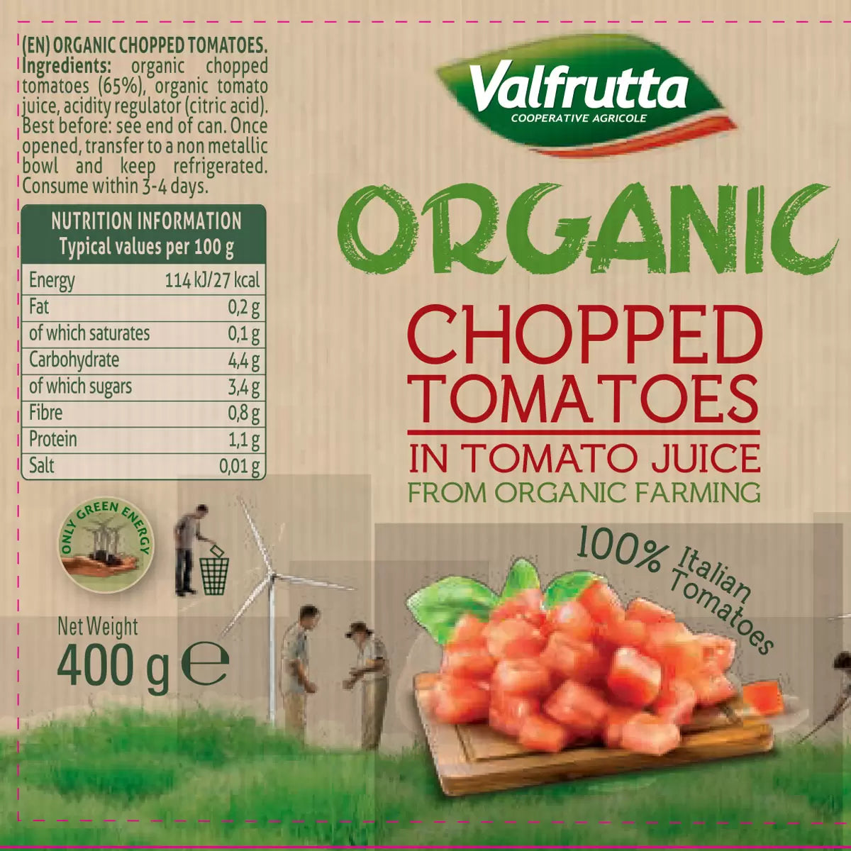 Valfrutta Organic Chopped Tomatoes, 12 x 400g label