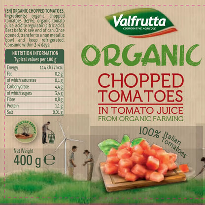 Valfrutta Organic Chopped Tomatoes, 12 x 400g label